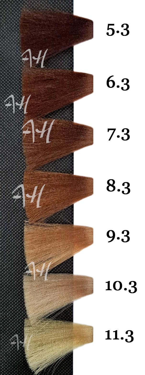 ICON ECOTECH DORADO: Castaño claro dorado 5.3, Rubio oscuro dorado 6.3, Rubio dorado 7.3, Rubio claro dorado 8.3, Rubio muy claro dorado 9.3, Platino dorado 10.3, Platino ultra dorado 11.3